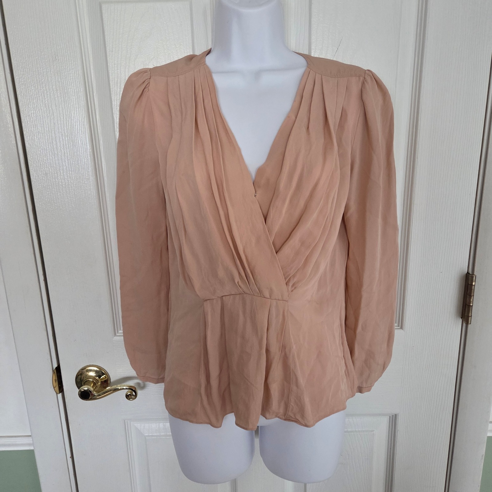 Rebecca Taylor Peach 100% Silk Pleated Wrap V-Neck Blouse Top Size 2 Designer